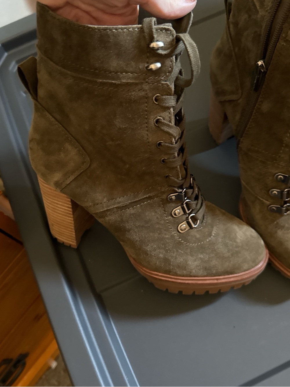 Vince Camuto Olive Suede Lace-Up Block Heel Boot